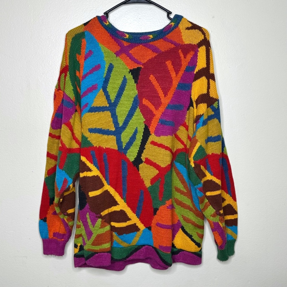 Vintage Christine Foley Sweater Abstract Leaf Colorful Knit Pullover‎ size Large